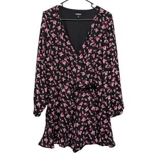 Express Black Pink Floral Long Sleeve Romper Size Large V-Neck Elastic Waist